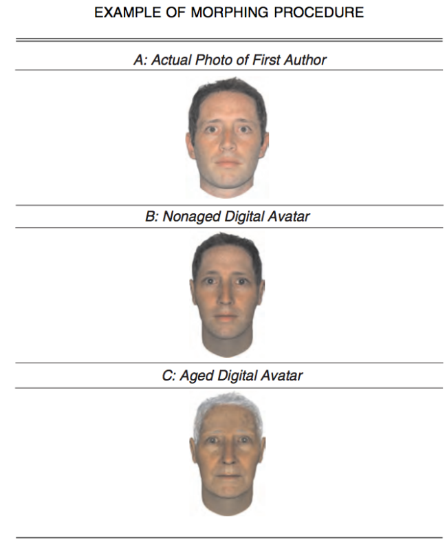 Here's an example of the first author's face normally, digitized, and age-progressed